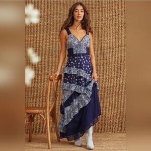 Altar'd State Adernlia Floral Maxi Dress Size Large Blue Tiered Ruffle Boho
